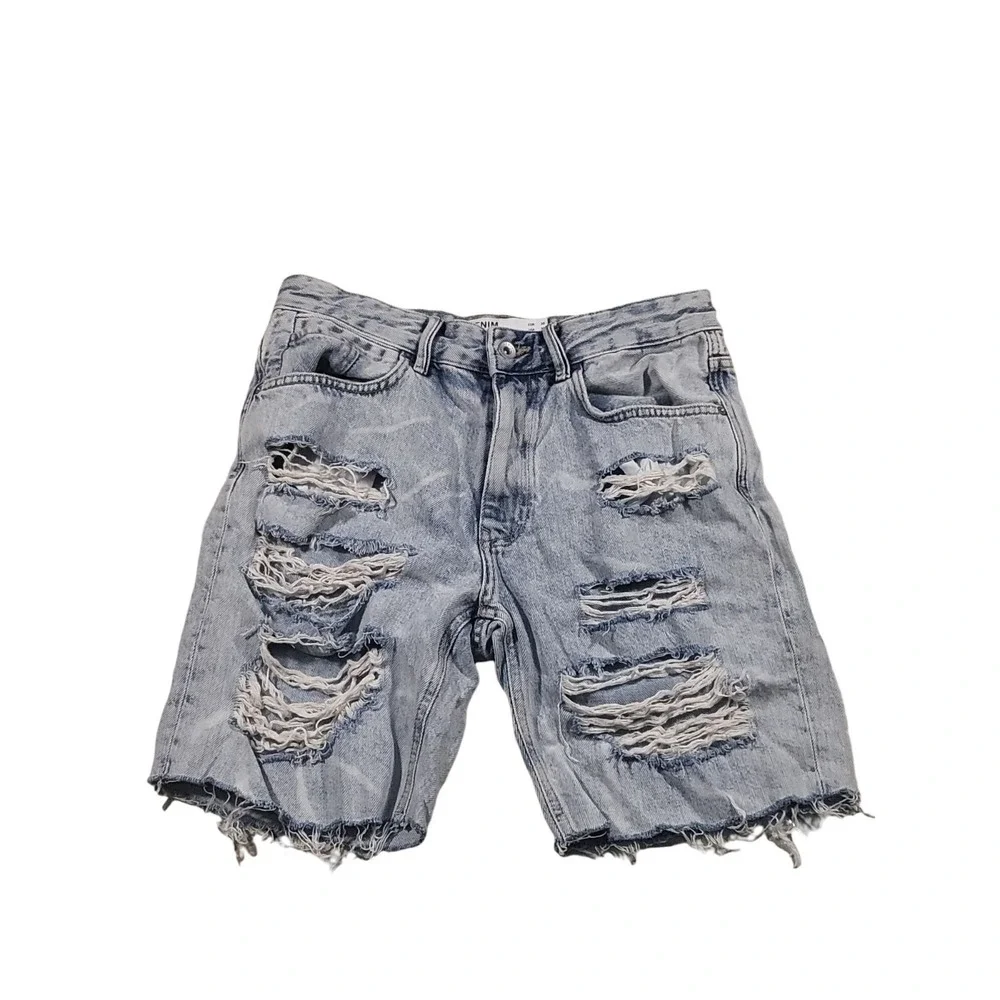 Bershka Distressed‎ Denim Jorts Mens 30 Light Acid Wash Ripped Raw Hem Shorts